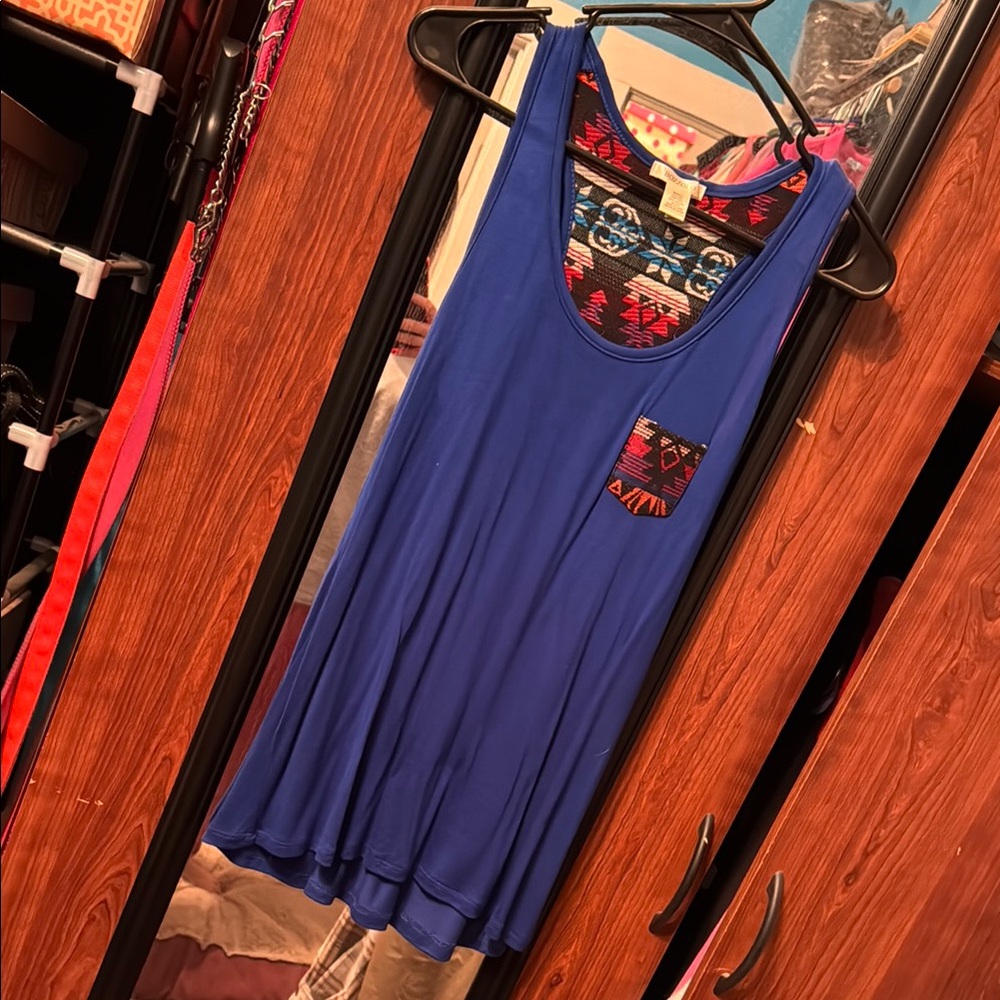 Blue Sleeveless Top with Patterned Pocket